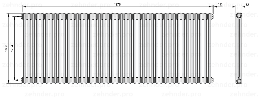 Схема (чертеж) Радиатор Zehnder Charleston 2180/43 №1270 Technoline TL
